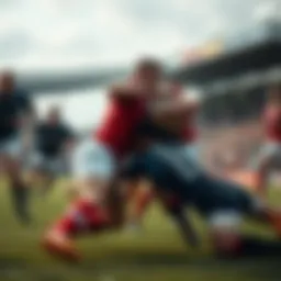 A dynamic moment in a rugby match showcasing players engaged in a tackle